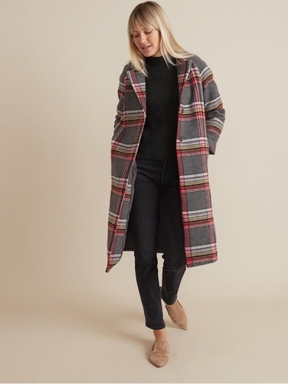 Marine Layer Aspen Pea Coat Red Grey Plaid